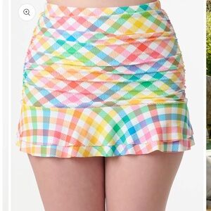 Unique Vintage Rainbow High Waisted Gingham Ruched Alice Retro Swim Skirt NWT XS